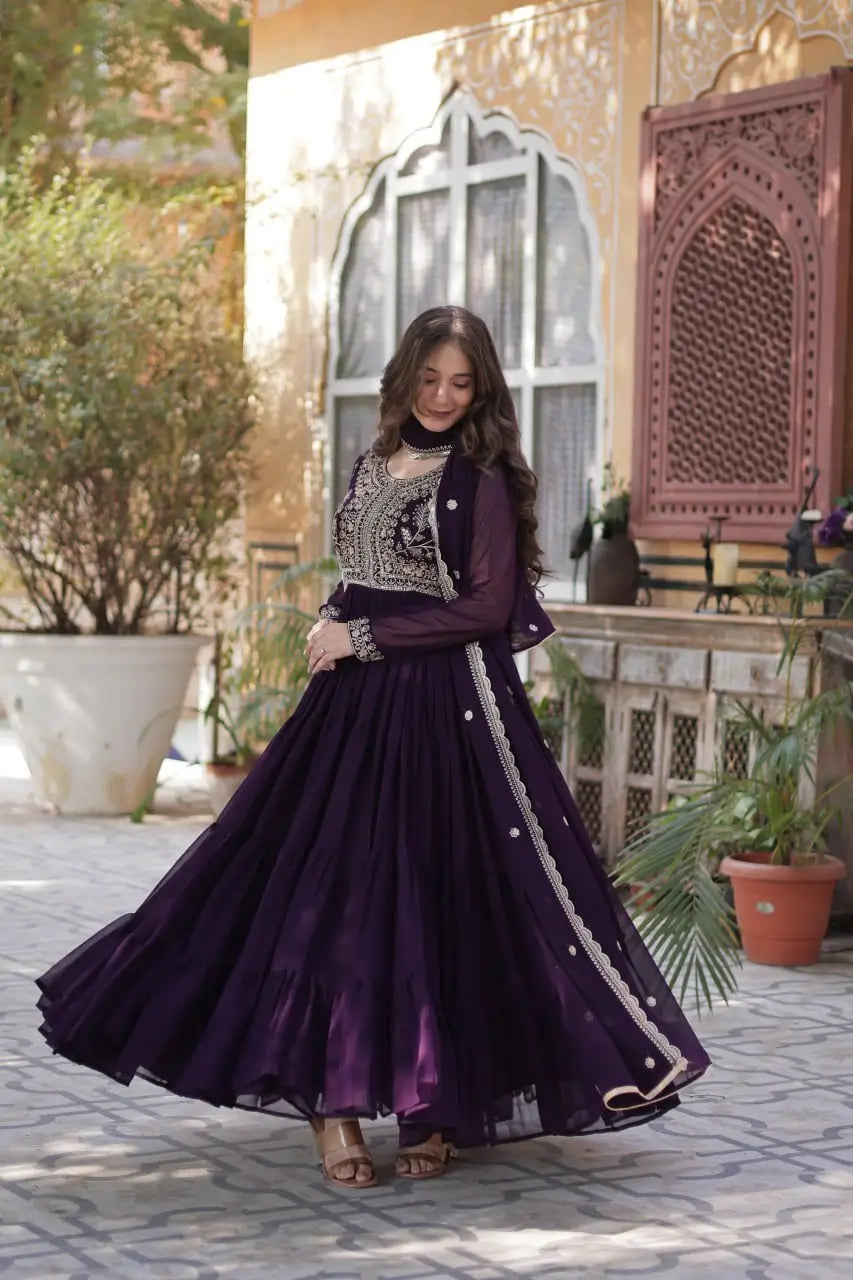 Magenta Purple Georgette Attractive Embroidery Pearl Work Gown With Dupatta - qivii