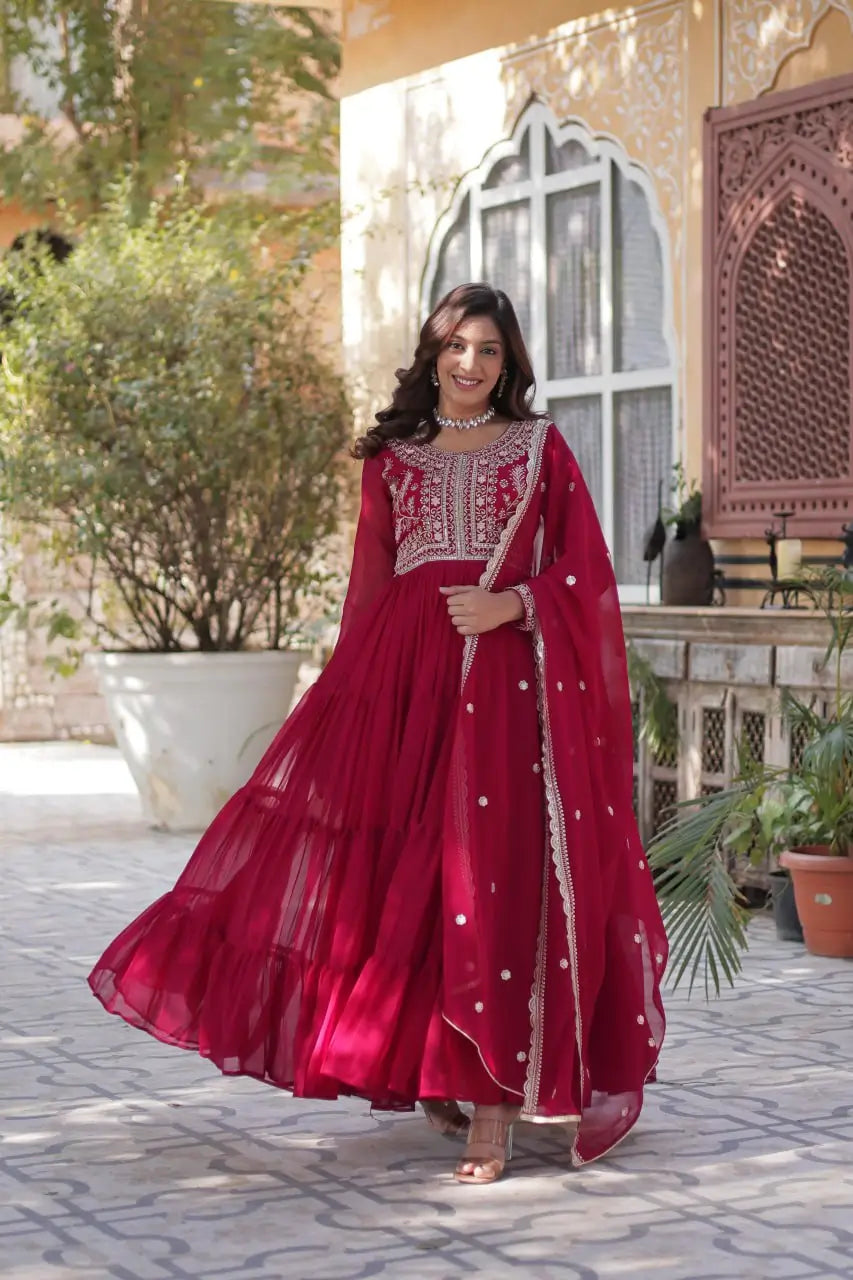 Red Devil Georgette Attractive Embroidery Pearl Work Gown With Dupatta - qivii