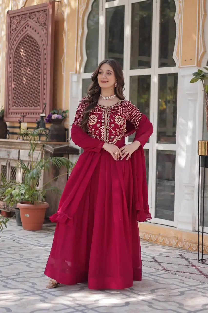 Maroon Red Attractive Sequins Embroidery Work Gown And Dupatta - qivii