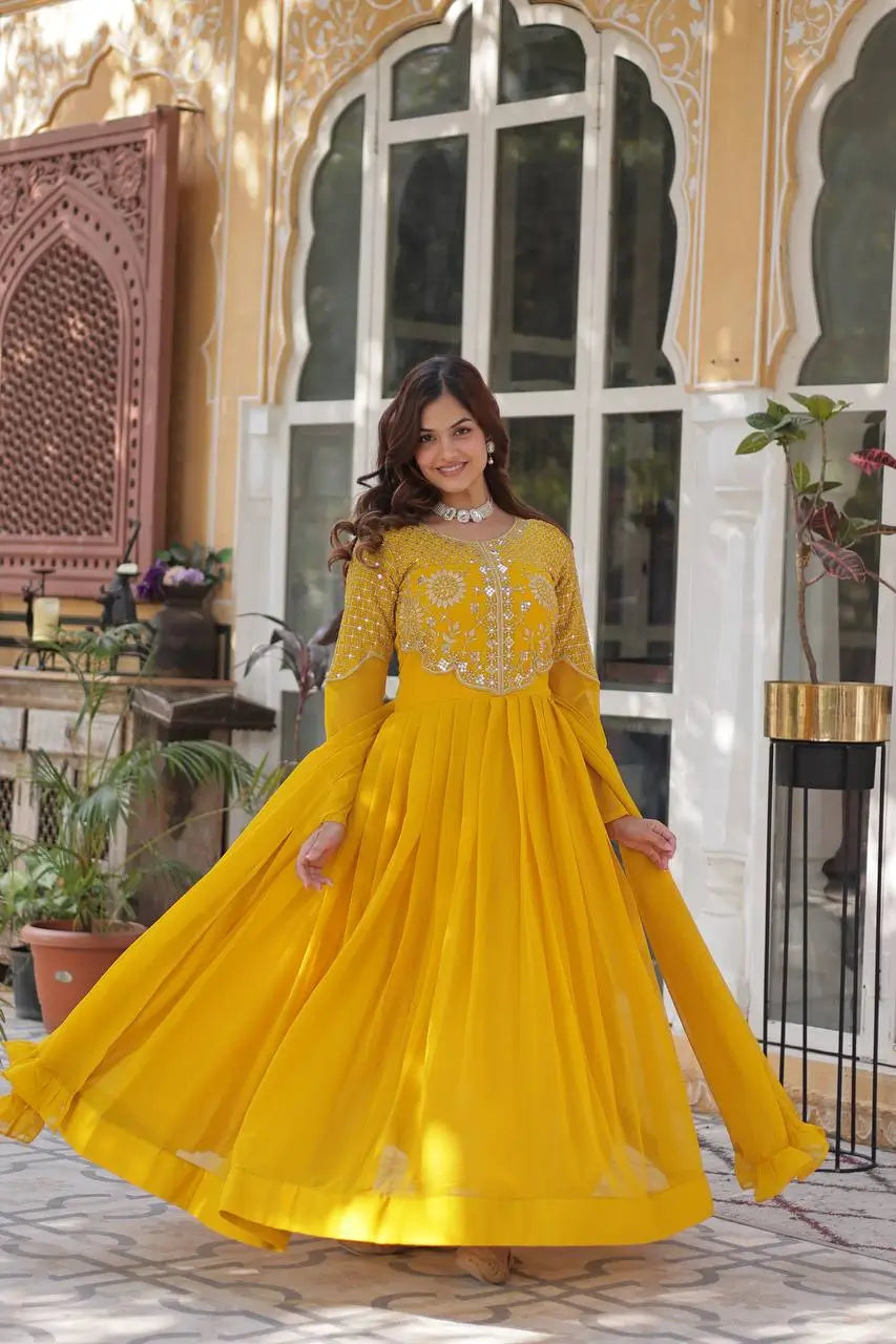 Yellow Ochre Attractive Sequins Embroidery Work Gown And Dupatta - qivii