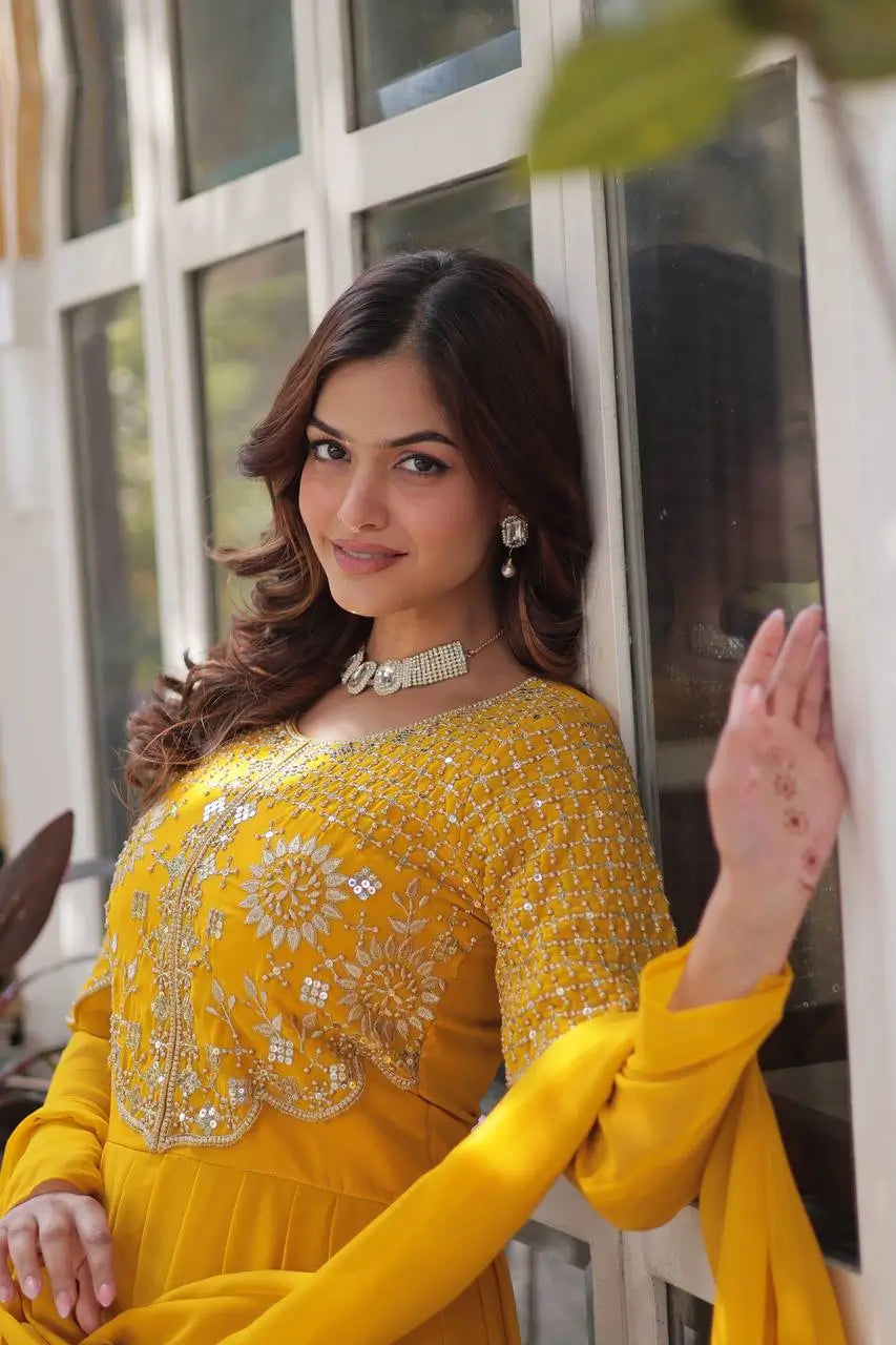 Yellow Ochre Attractive Sequins Embroidery Work Gown And Dupatta - qivii