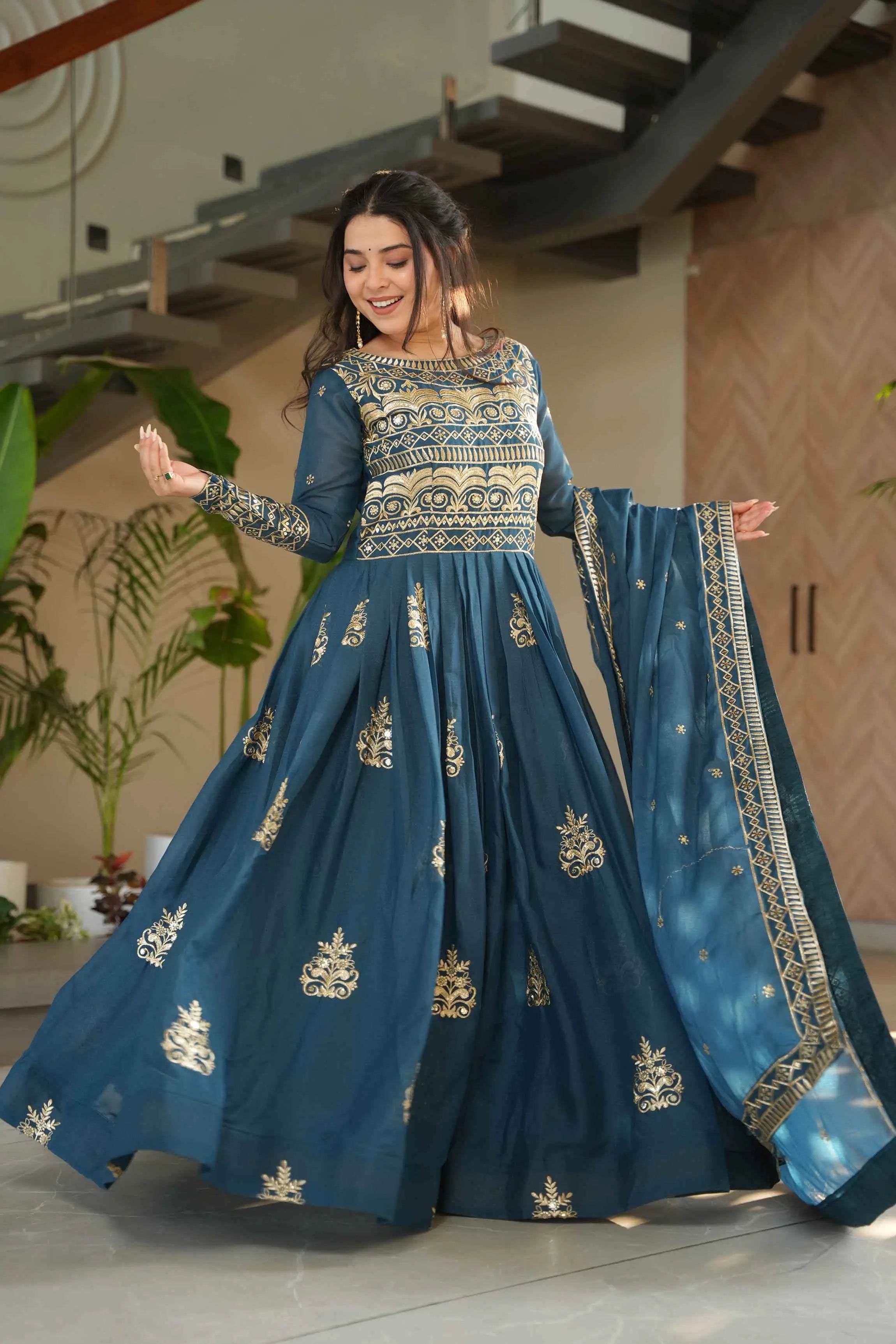 Teal Blue Gown With Zari Sequins Embroidery And Dupatta - qivii