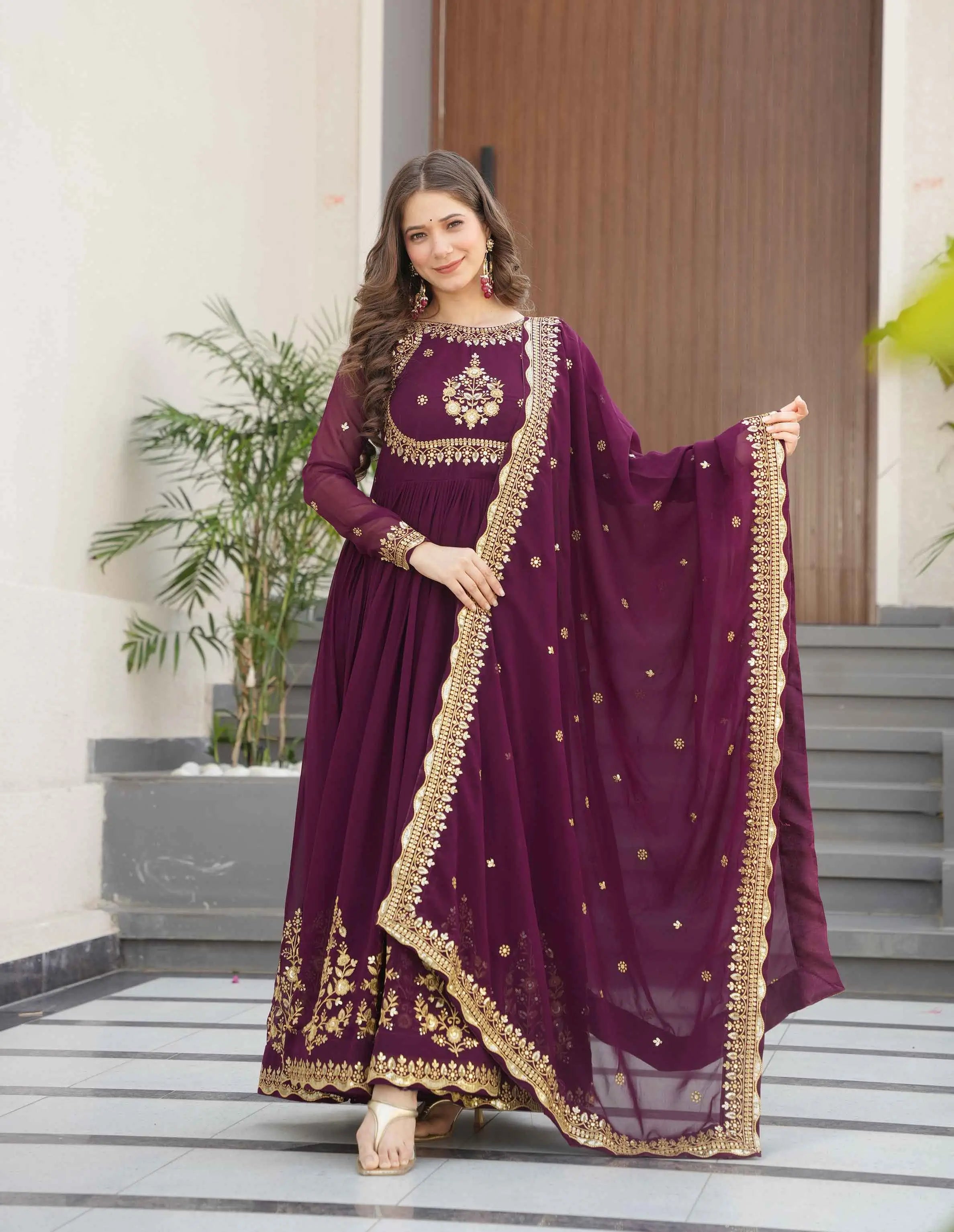 Designer Wine Zari Sequins Embroidery Work Georgette Gown With Dupatta - qivii