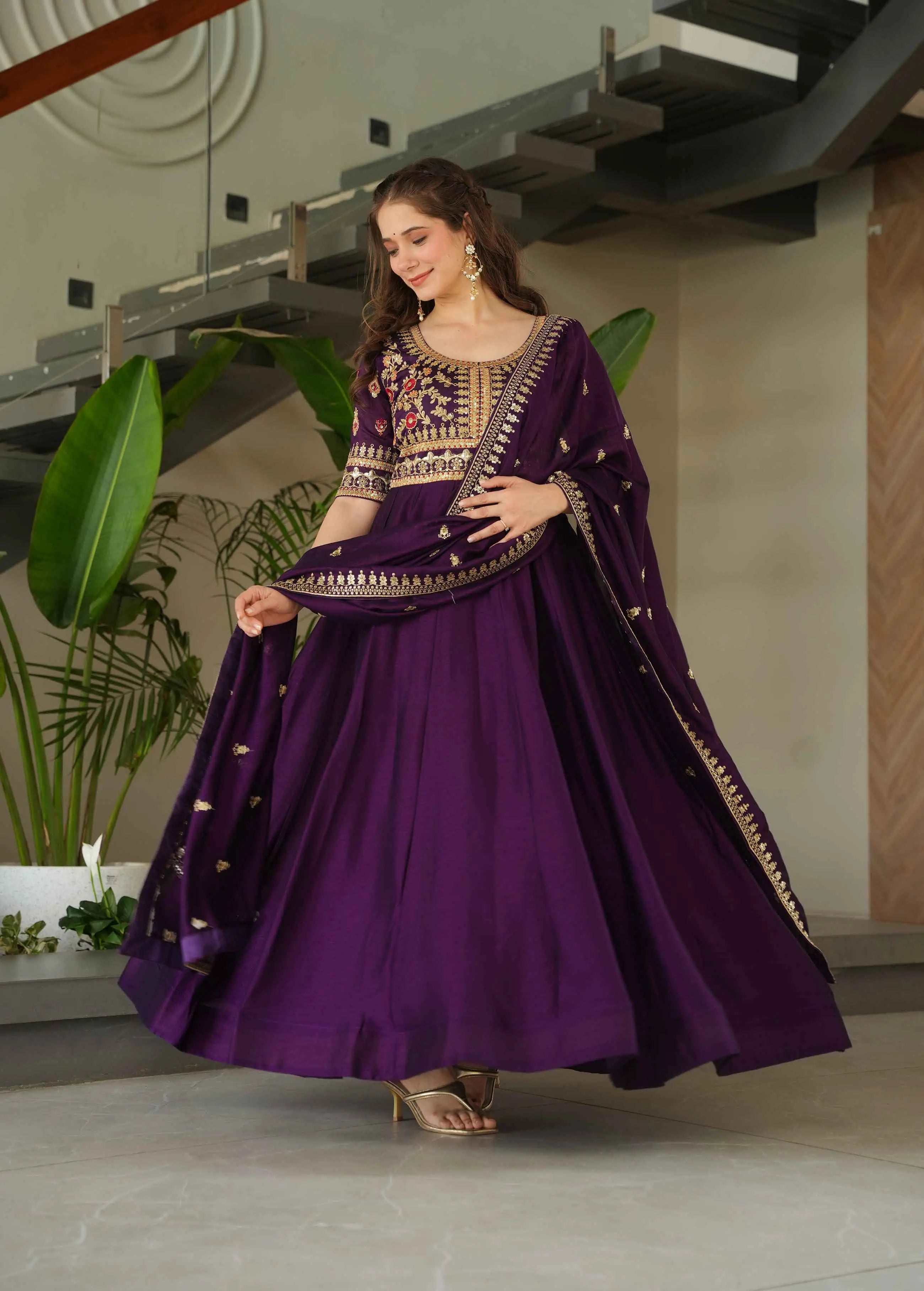 Purple Silk Gown With Zari Sequins Embroidery Work And Dupatta - qivii