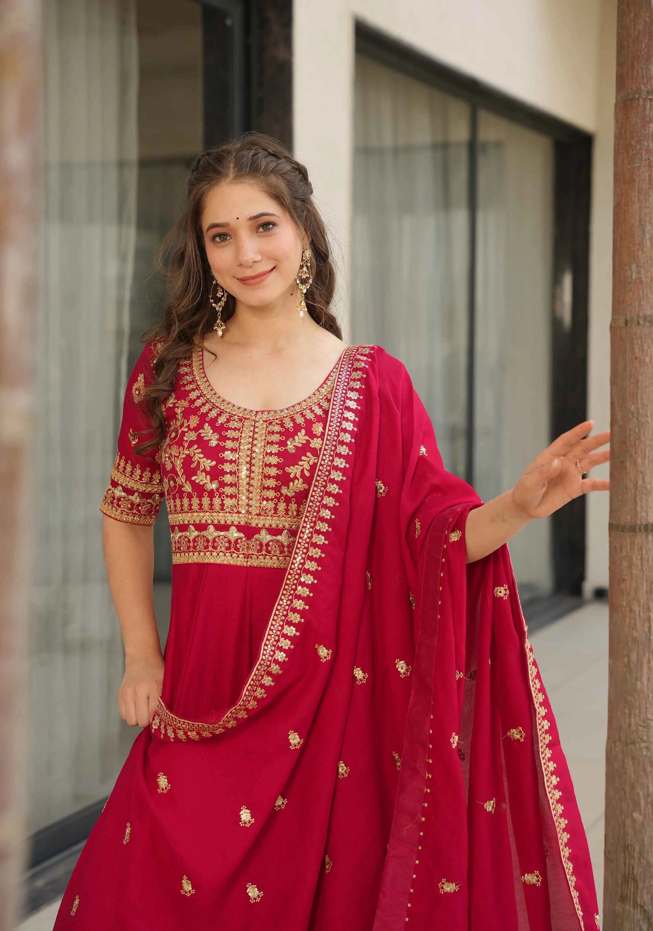 Red Silk Gown With Zari Sequins Embroidery Work And Dupatta - qivii
