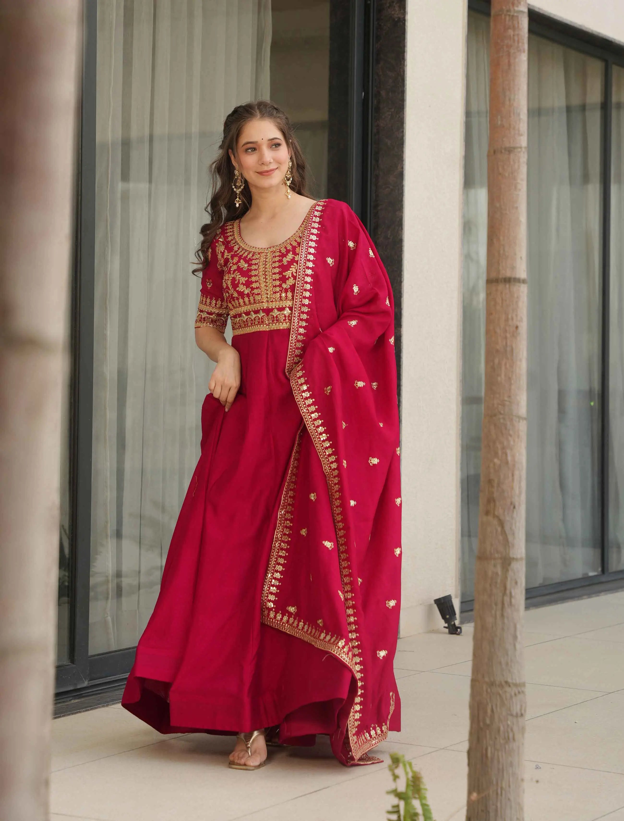 Red Silk Gown With Zari Sequins Embroidery Work And Dupatta - qivii