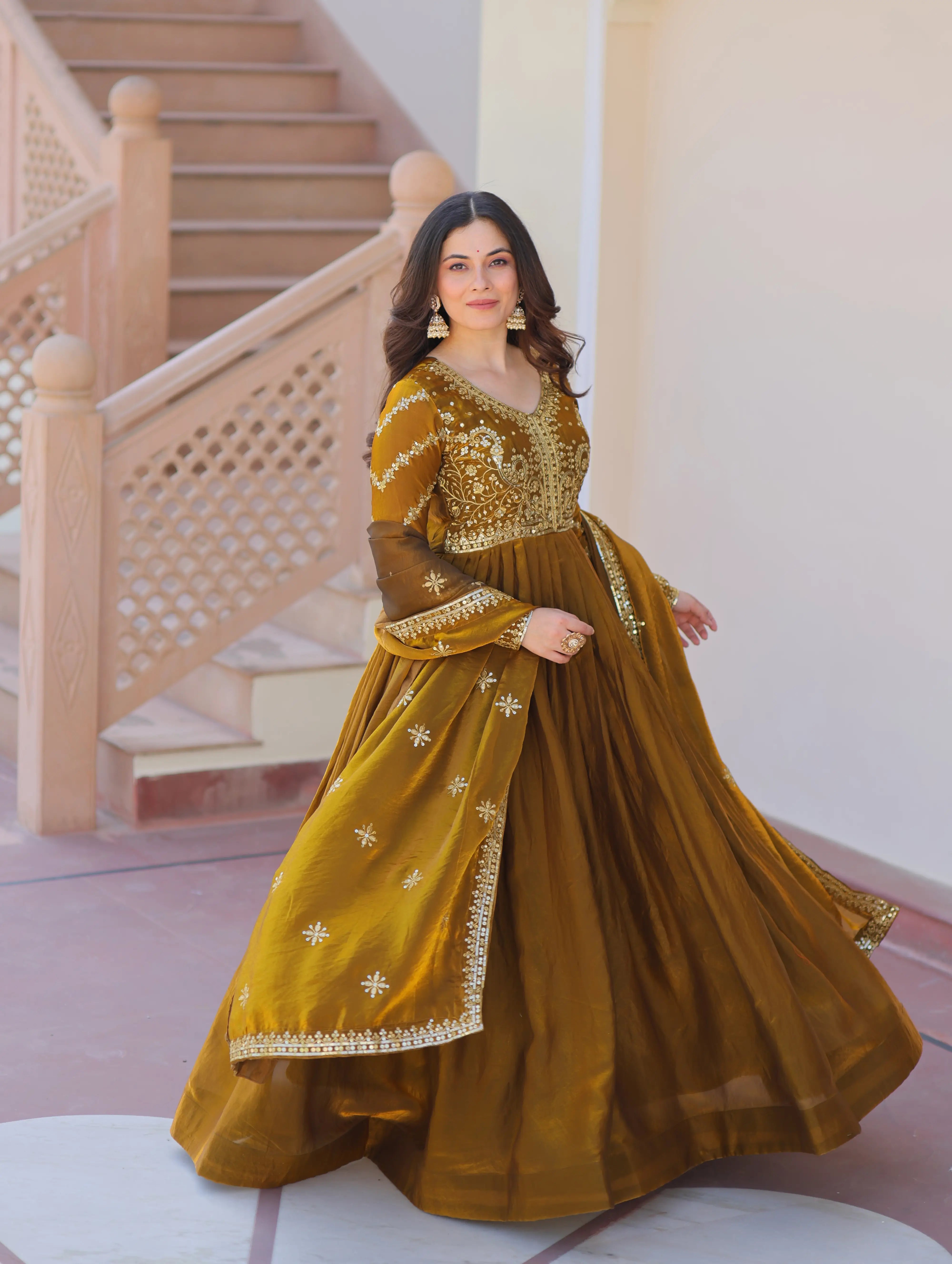 Mastered Yellow Zari Sequins Embroidery Work Gown With Dupatta - qivii