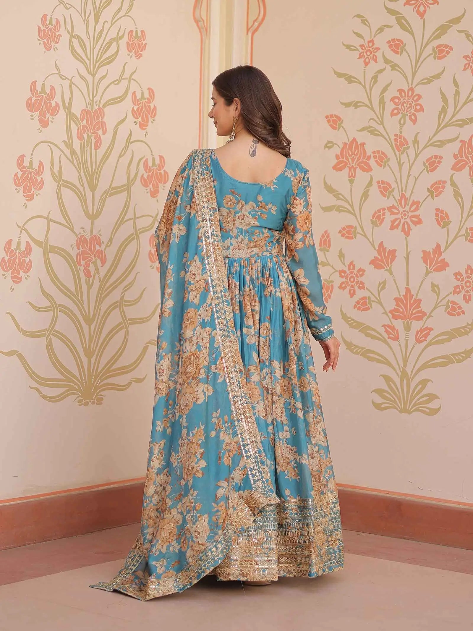 Hippie Blue Floral Print Gown With Embroidery Work And Dupatta - qivii