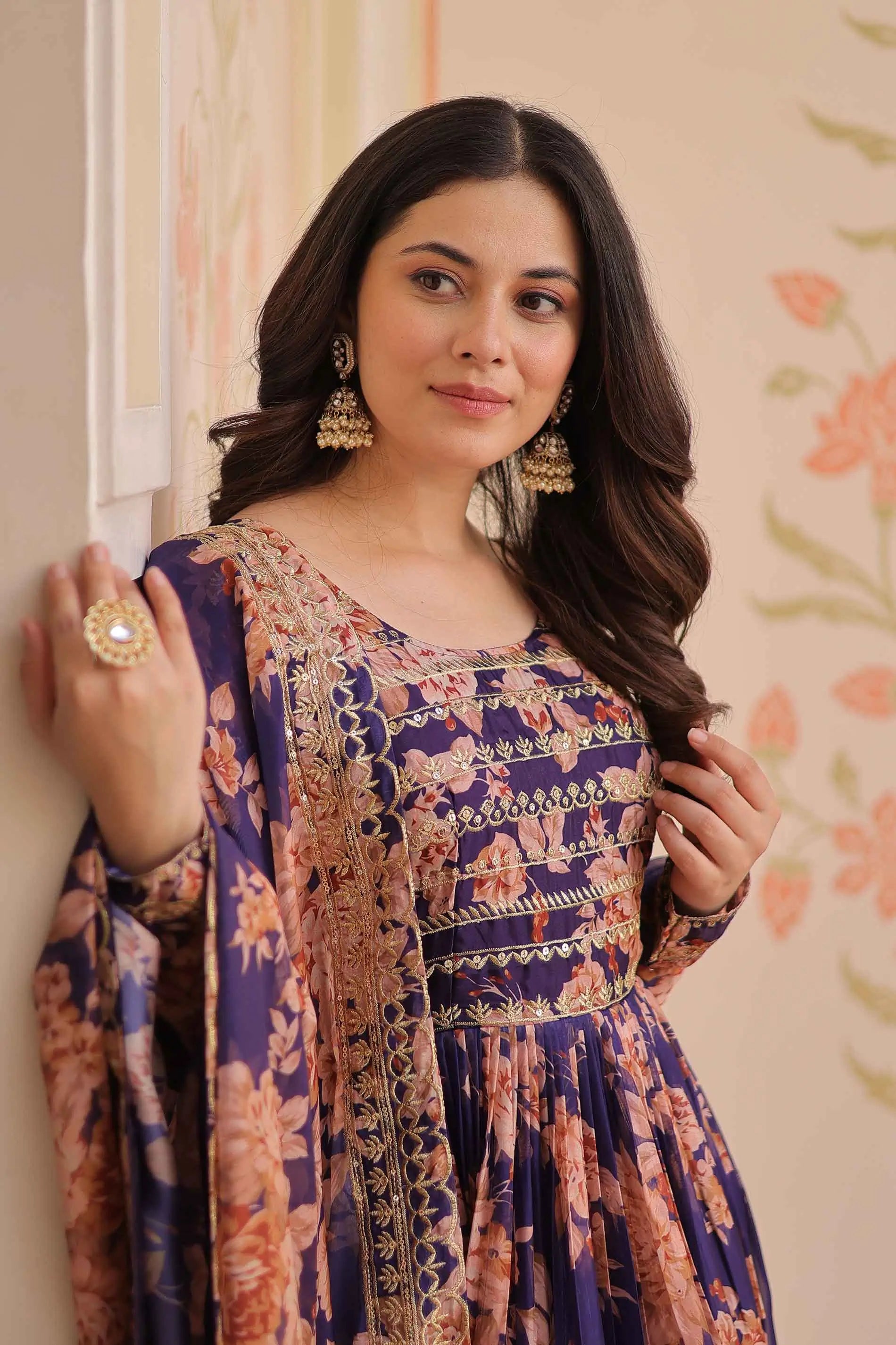 Purple Haze Floral Print Gown With Embroidery Work And Dupatta - qivii