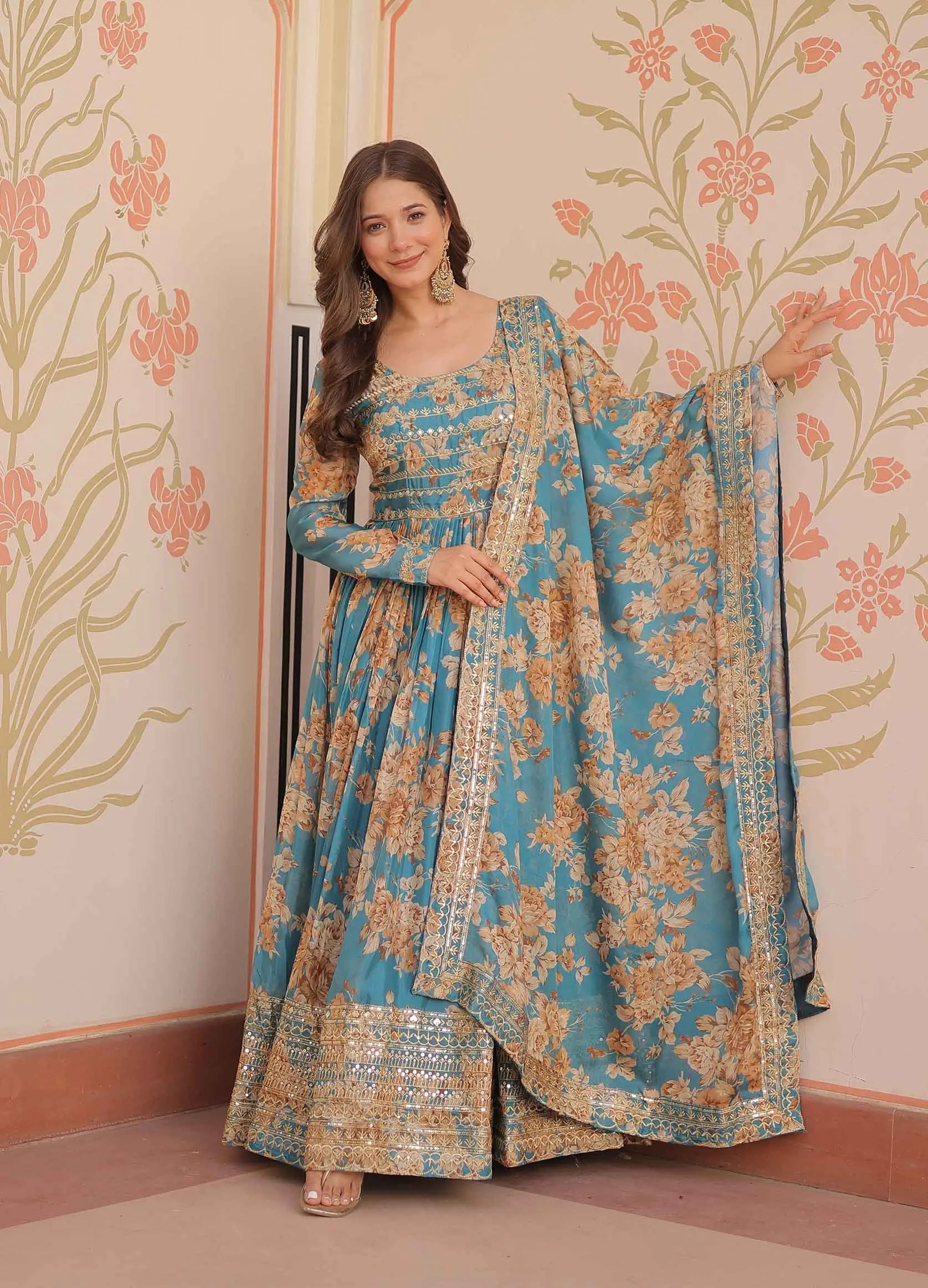 Hippie Blue Floral Print Gown With Embroidery Work And Dupatta - qivii