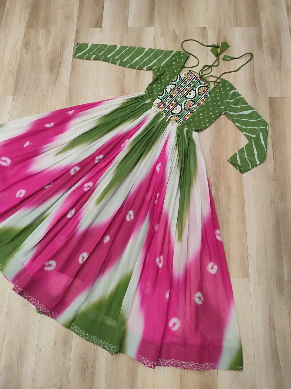 Green with Multicolor Bandhej & Gamthi Mirror Work  Gown
