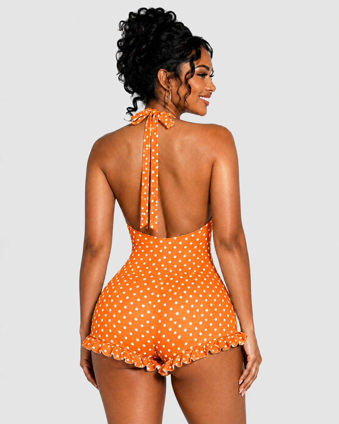 Polka Dot Halter Neck Ruffle Hem Romper  - By Qivii