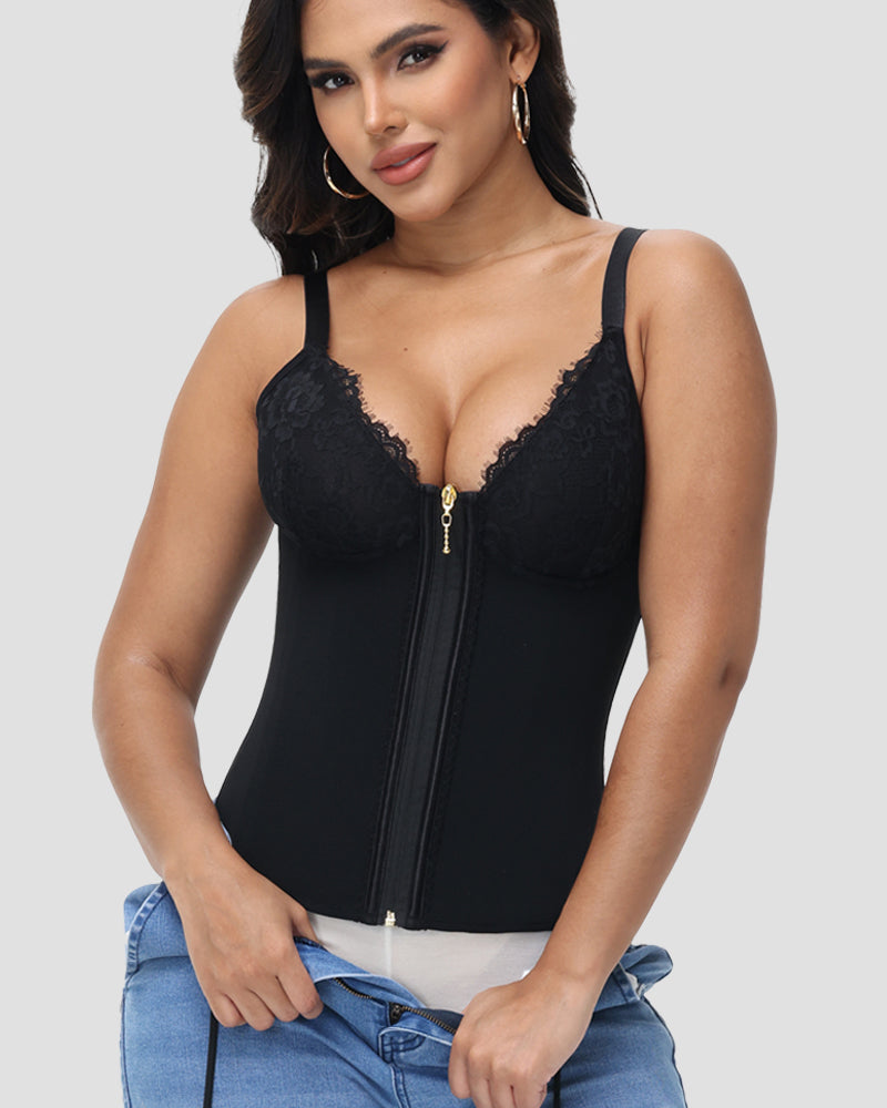 Shapshe® Deep V Lace Corset Top Trimmed Waist Trainer with Front Zipper  - By Qivii