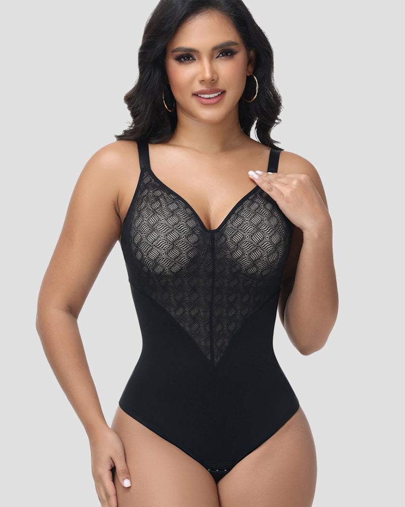Shapshe® V Neck Sheer Lace Tummy Control Shapewear Bodysuit