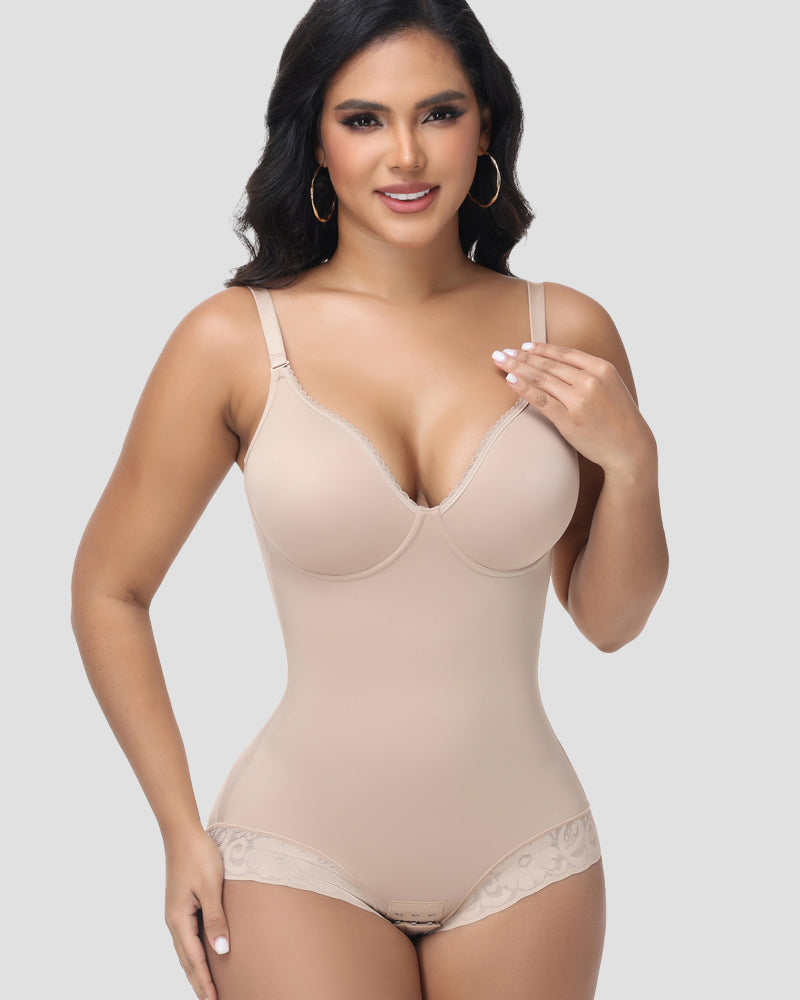 Shapshe® Lace Trimmed Built In Bra Tummy Tuck Shapewear Bodysuit