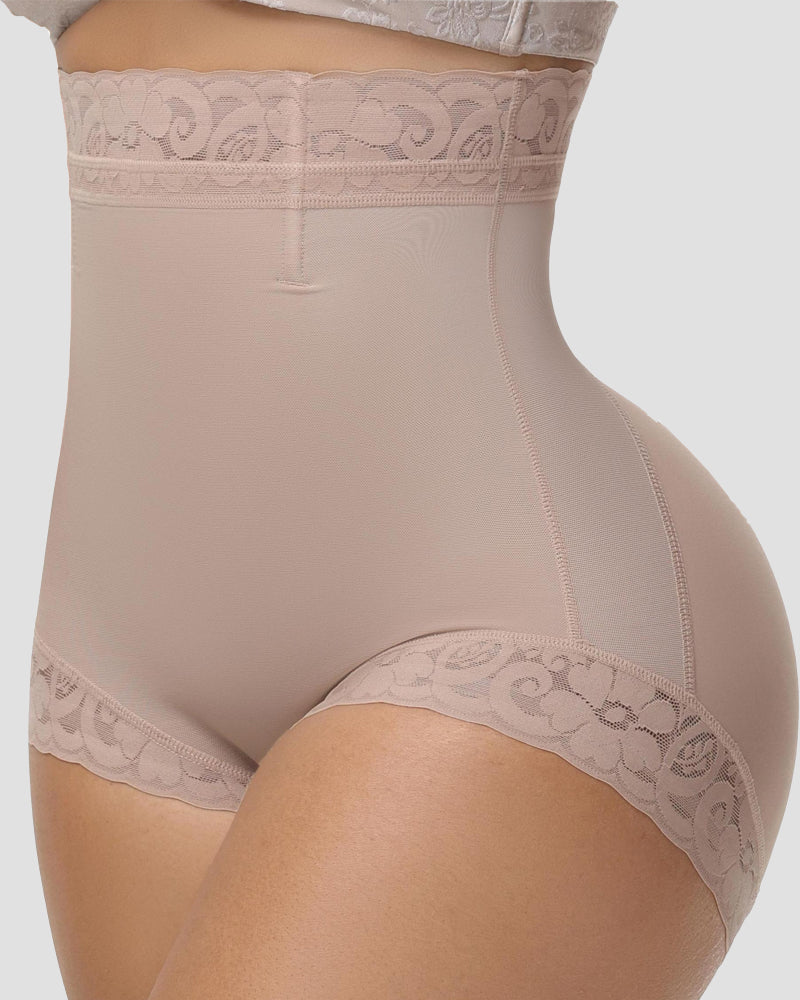 Seamless High Rise Lace Trimmed Tummy Tuck Shaping Shorts  - By Qivii