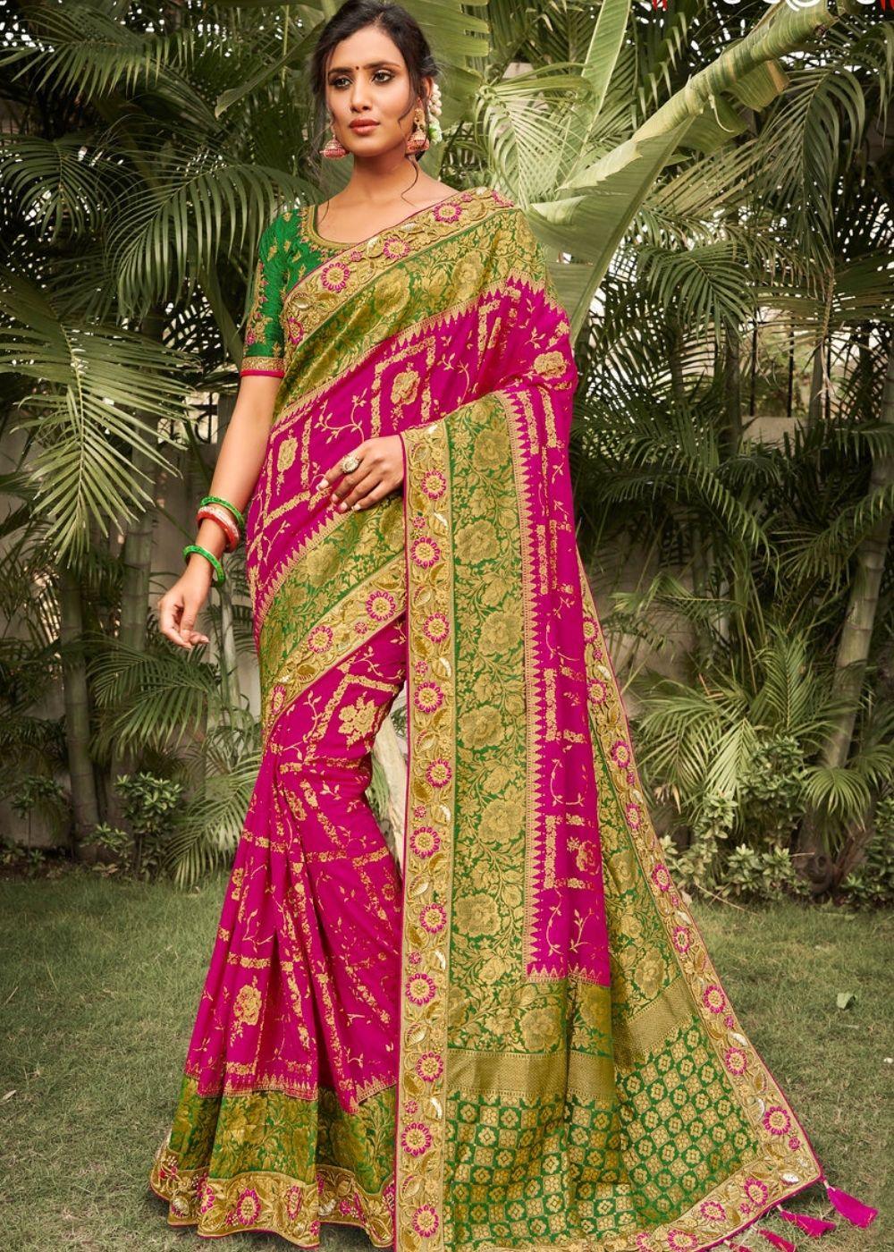 Magenta and Green Banarasi Dola Silk Saree with Resham Embroidery, Zari and Moti work | Stitched Blouse - qivii