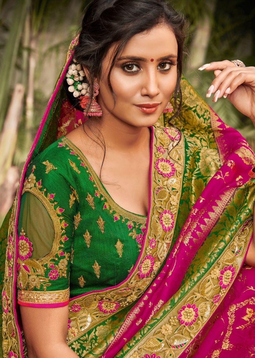 Magenta and Green Banarasi Dola Silk Saree with Resham Embroidery, Zari and Moti work | Stitched Blouse - qivii