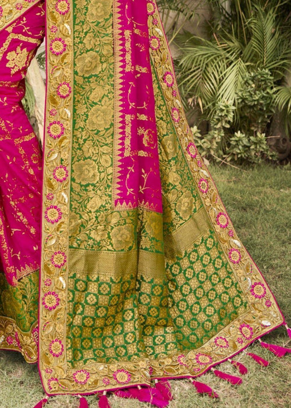 Magenta and Green Banarasi Dola Silk Saree with Resham Embroidery, Zari and Moti work | Stitched Blouse - qivii