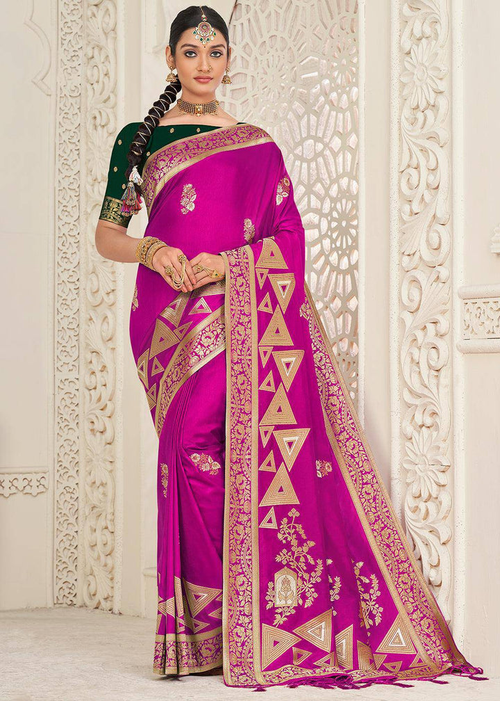 Magenta Blue Zari Woven Dola Silk Saree | Stitched Blouse - qivii