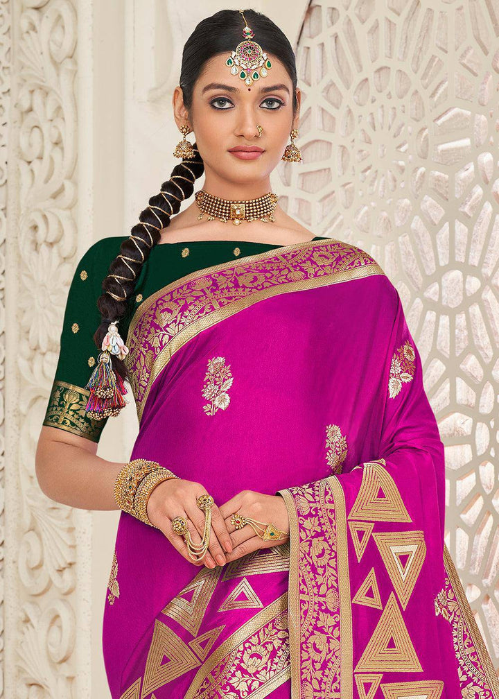 Magenta Blue Zari Woven Dola Silk Saree | Stitched Blouse - qivii