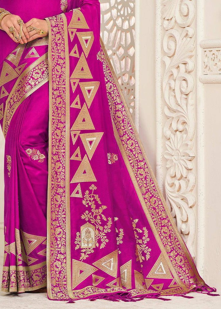 Magenta Blue Zari Woven Dola Silk Saree | Stitched Blouse - qivii