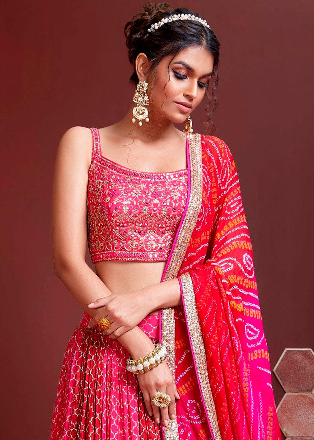 Magenta Pink Chinon Silk Lehenga Choli with Sequins & Mirror work - qivii