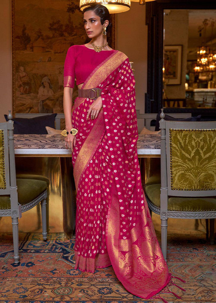 Magenta Pink Copper Zari Woven Banarasi Khaddi Silk Saree | Stitched Blouse - qivii