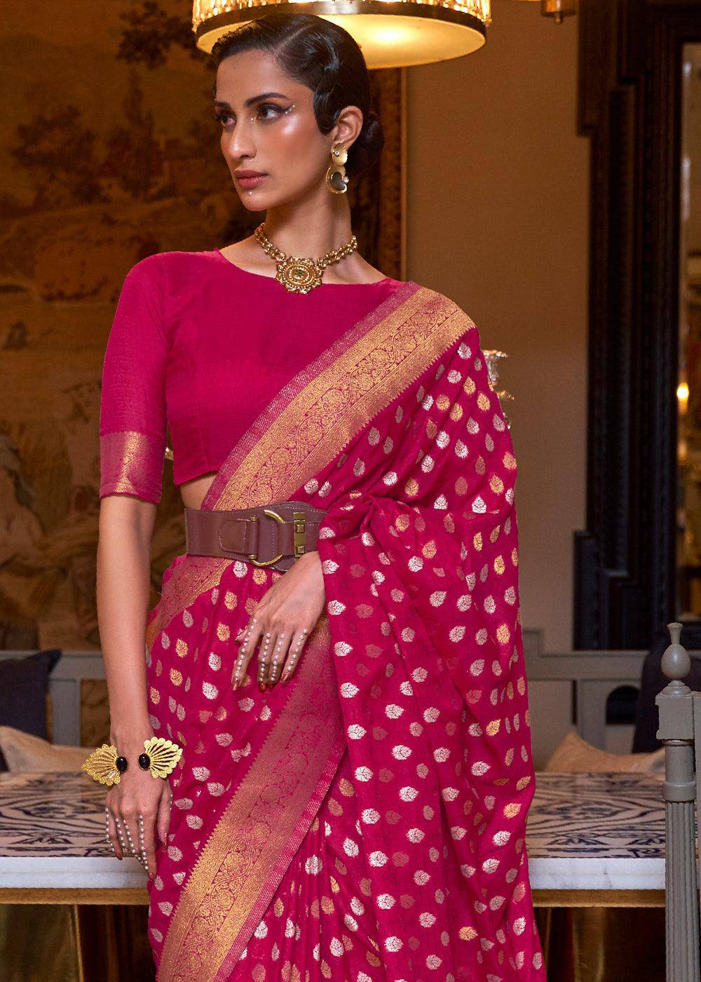 Magenta Pink Copper Zari Woven Banarasi Khaddi Silk Saree | Stitched Blouse - qivii