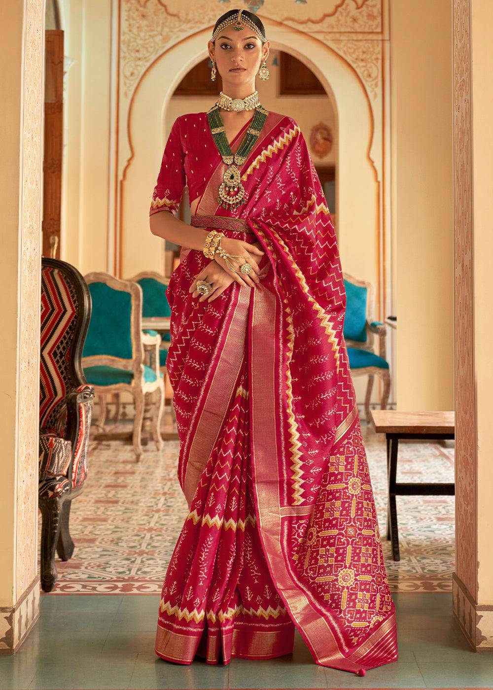 Magenta Pink Designer Printed Silk Saree : Top Pick | Stitched Blouse - qivii