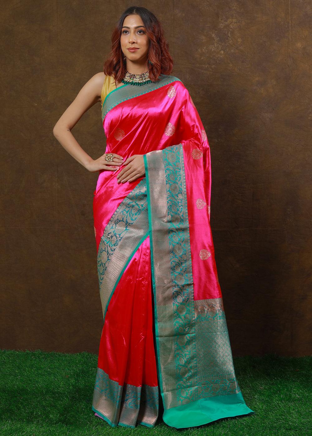 Magenta Pink Hand Woven Pure Katan Silk Saree | Stitched Blouse - qivii