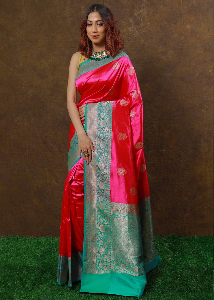 Magenta Pink Hand Woven Pure Katan Silk Saree | Stitched Blouse - qivii