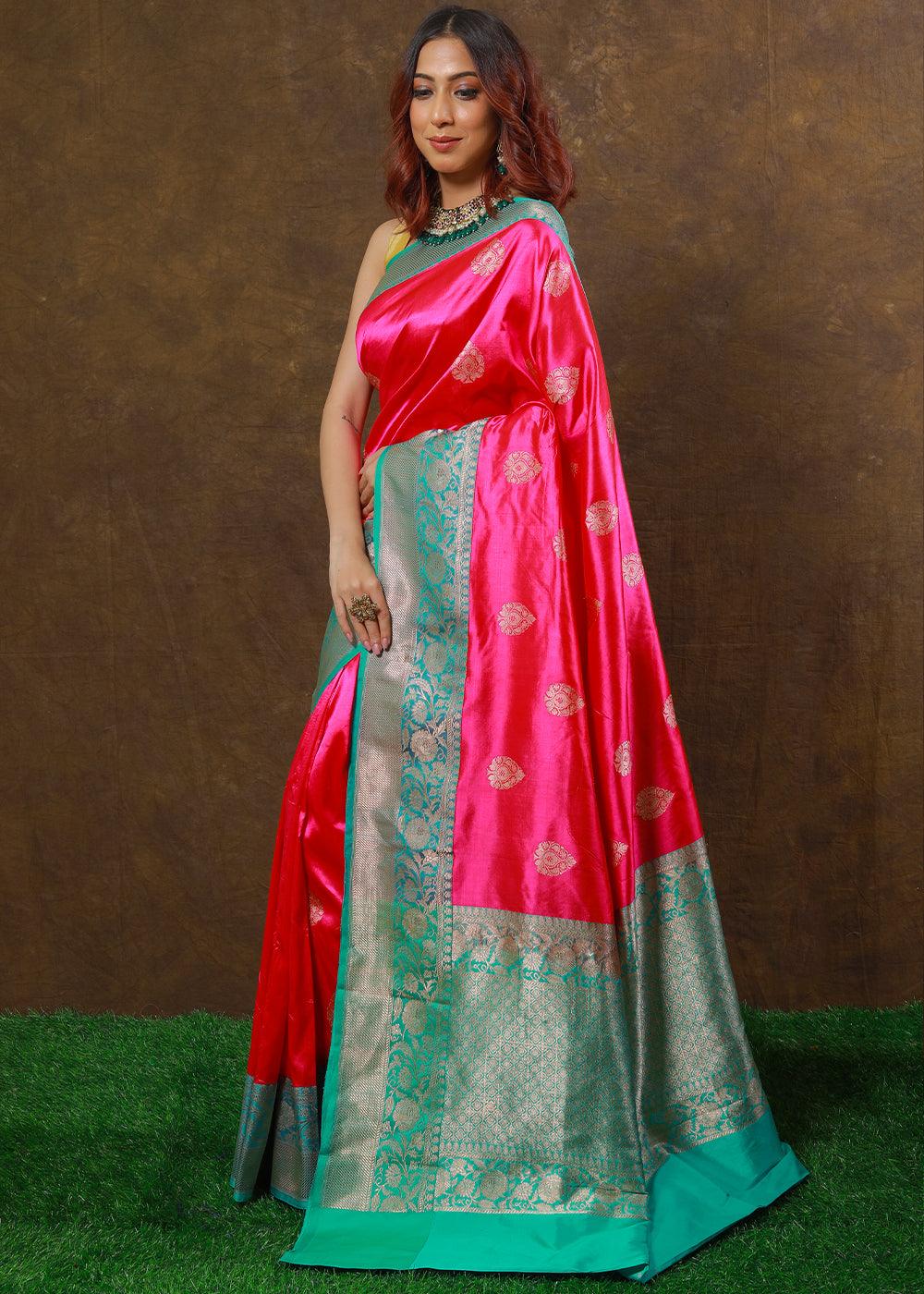 Magenta Pink Hand Woven Pure Katan Silk Saree | Stitched Blouse - qivii