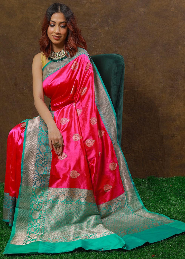 Magenta Pink Hand Woven Pure Katan Silk Saree | Stitched Blouse - qivii