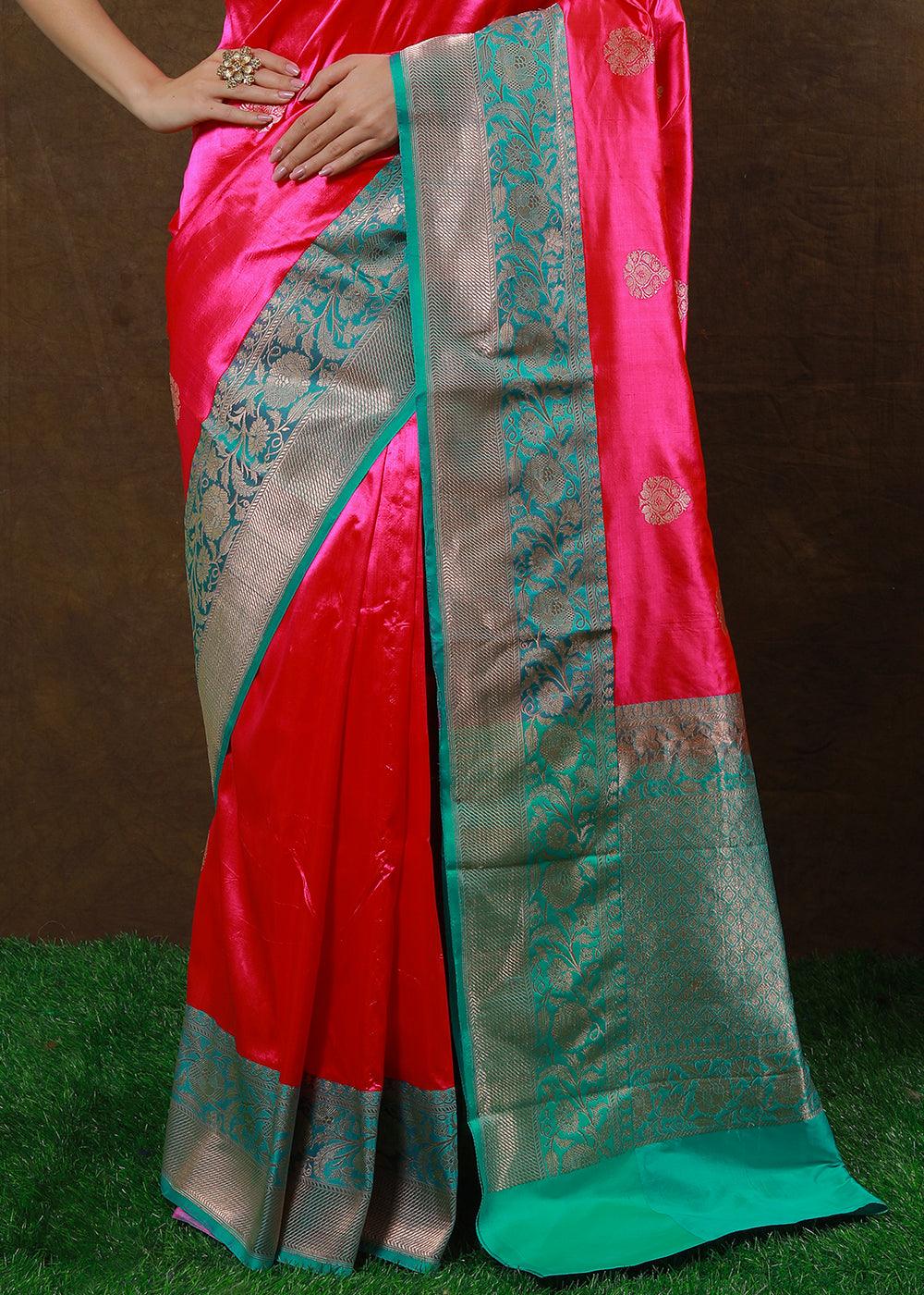 Magenta Pink Hand Woven Pure Katan Silk Saree | Stitched Blouse - qivii