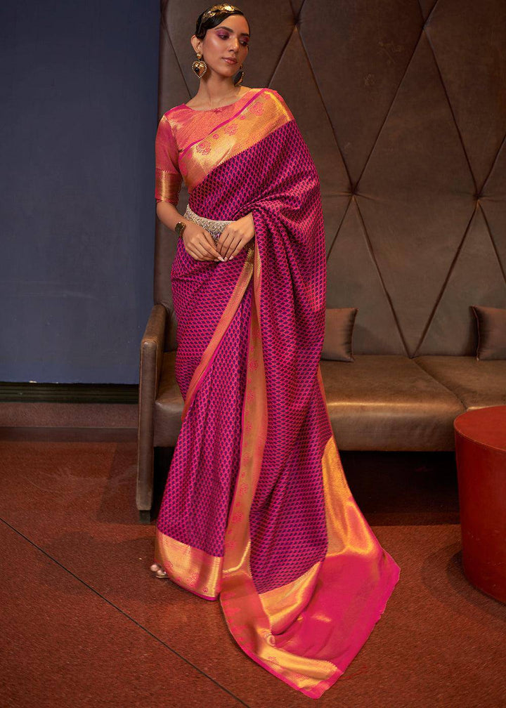 Magenta Pink Handloom Woven Banarasi Silk Saree | Stitched Blouse - qivii