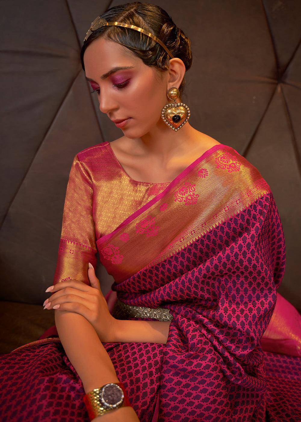 Magenta Pink Handloom Woven Banarasi Silk Saree | Stitched Blouse - qivii