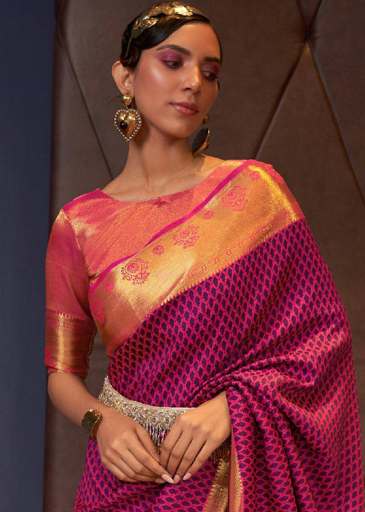 Magenta Pink Handloom Woven Banarasi Silk Saree | Stitched Blouse - qivii