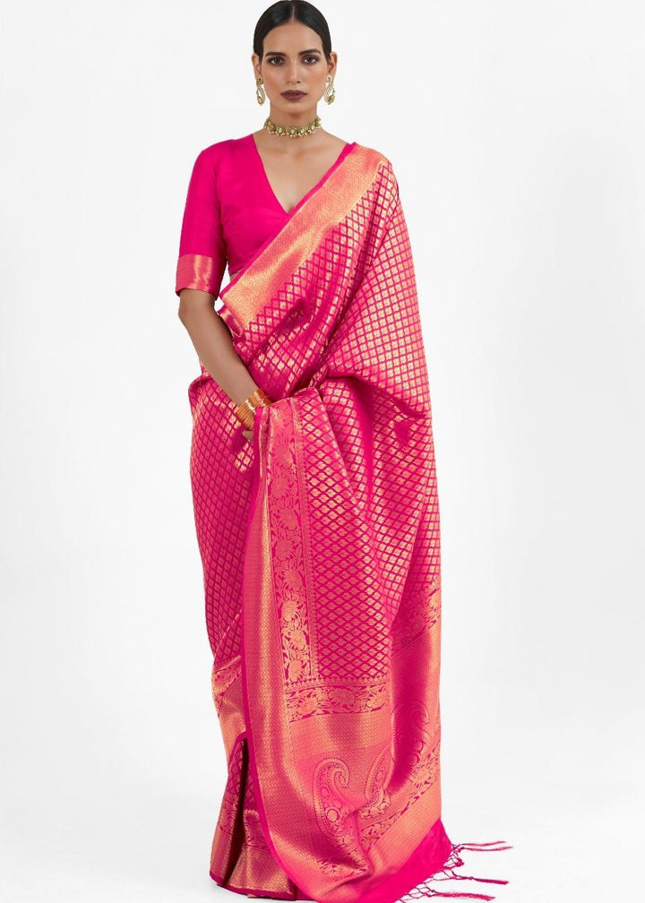 Magenta Pink Kanjivaram Soft Woven Silk Saree | Stitched Blouse - qivii