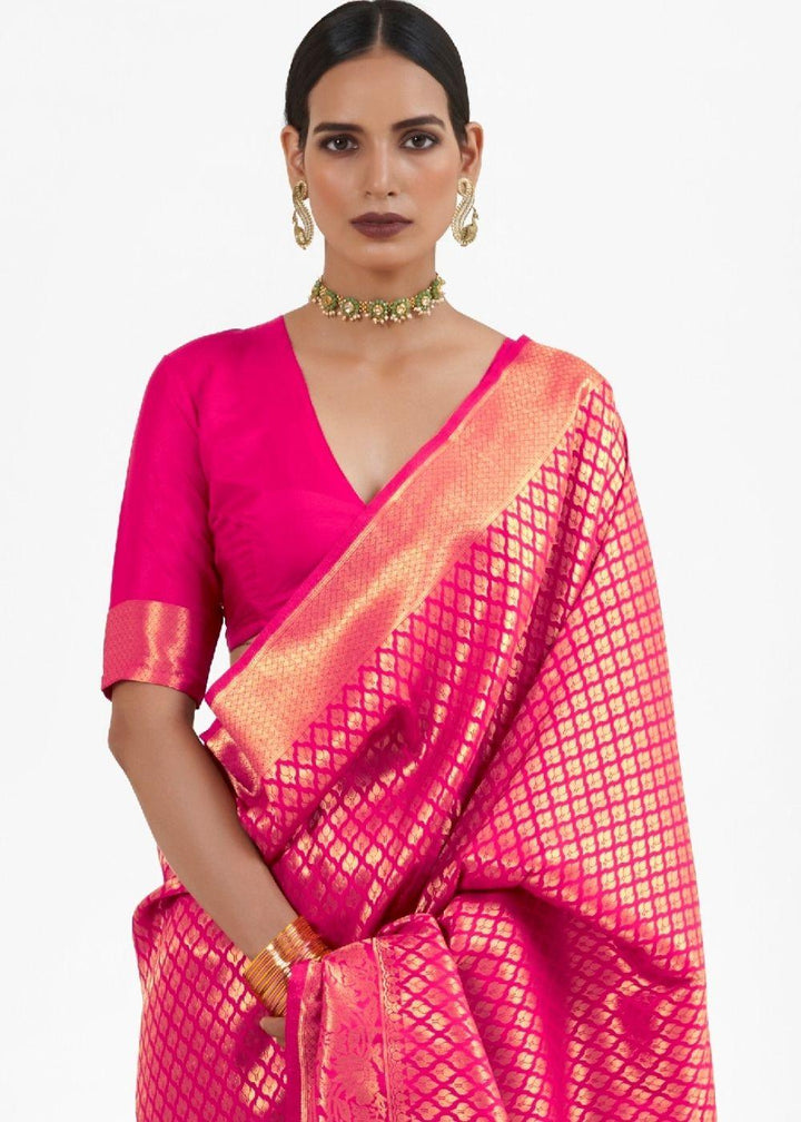 Magenta Pink Kanjivaram Soft Woven Silk Saree | Stitched Blouse - qivii