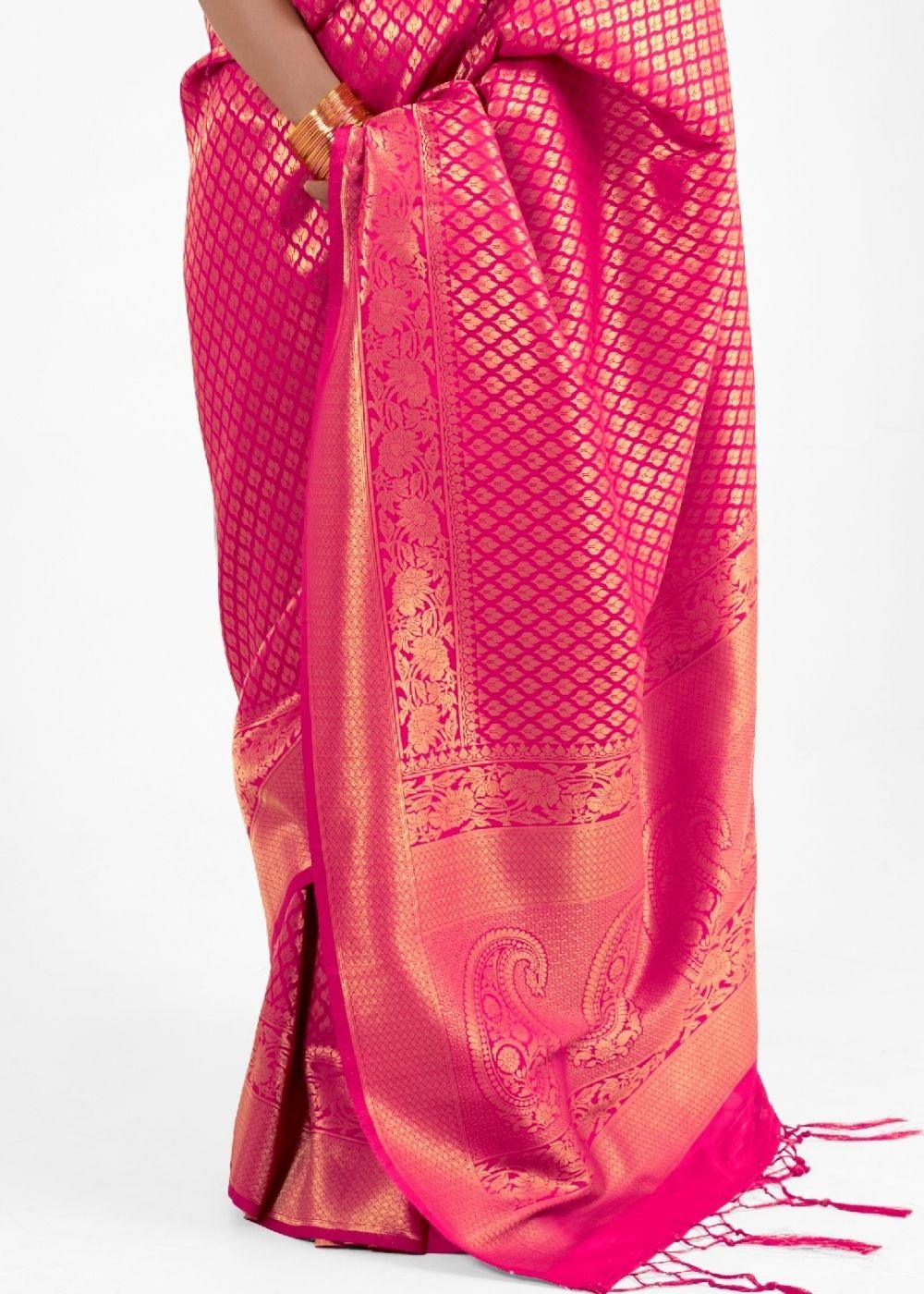 Magenta Pink Kanjivaram Soft Woven Silk Saree | Stitched Blouse - qivii