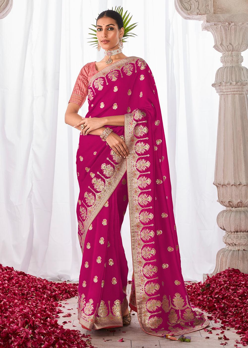 Magenta Pink Kora Silk Saree with Meenakari Pallu & Designer Blouse - qivii