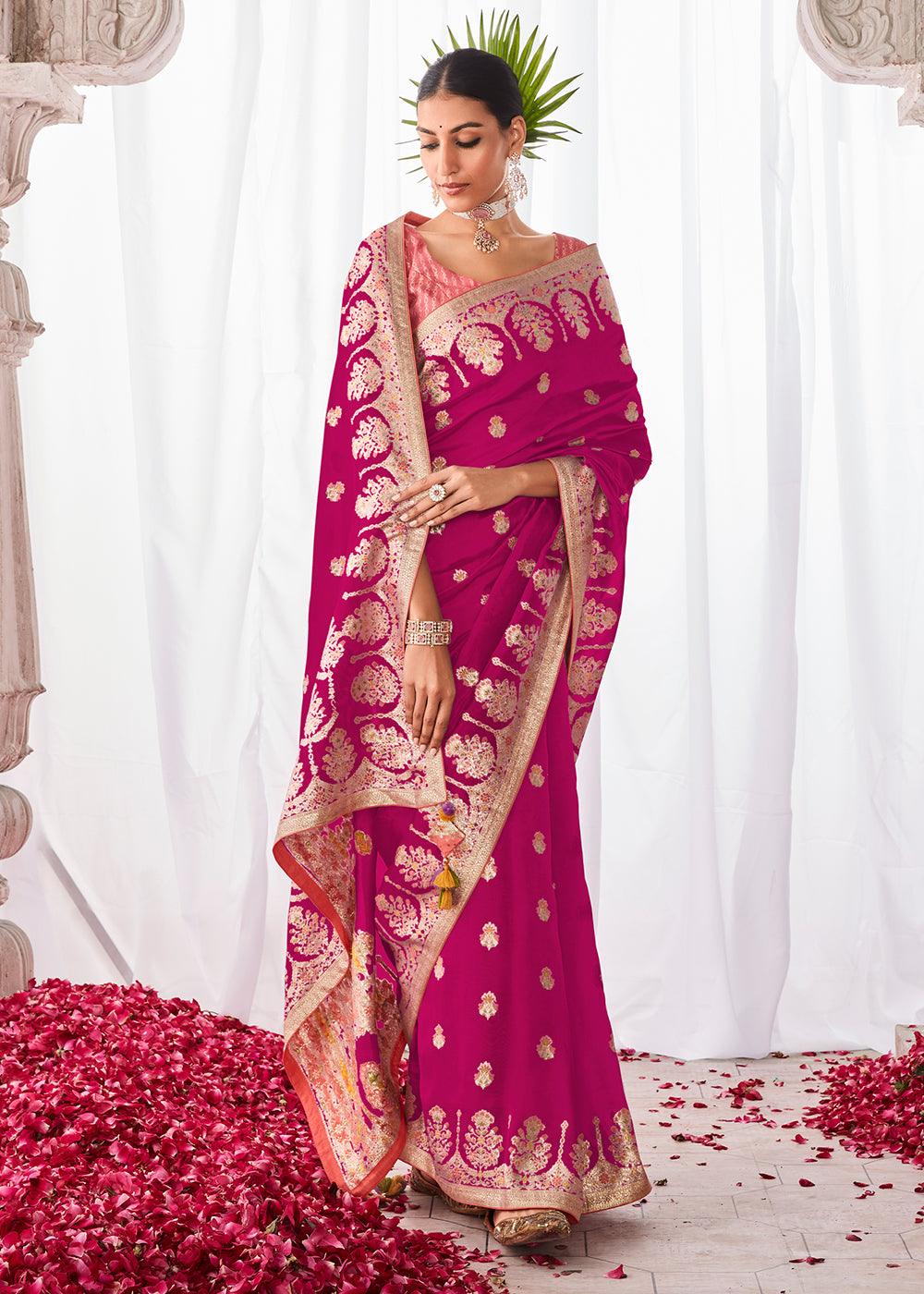 Magenta Pink Kora Silk Saree with Meenakari Pallu & Designer Blouse - qivii