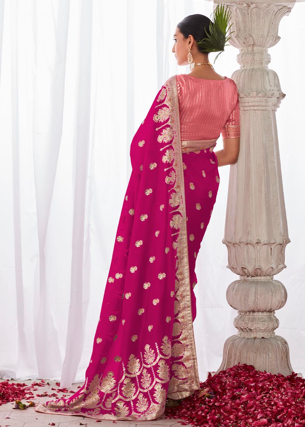 Magenta Pink Kora Silk Saree with Meenakari Pallu & Designer Blouse - qivii