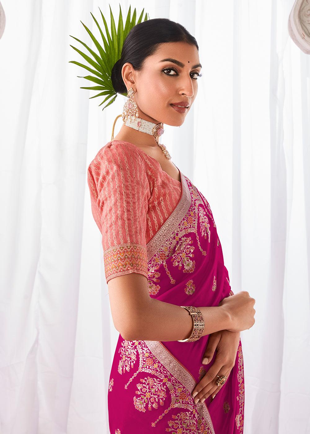 Magenta Pink Kora Silk Saree with Meenakari Pallu & Designer Blouse - qivii