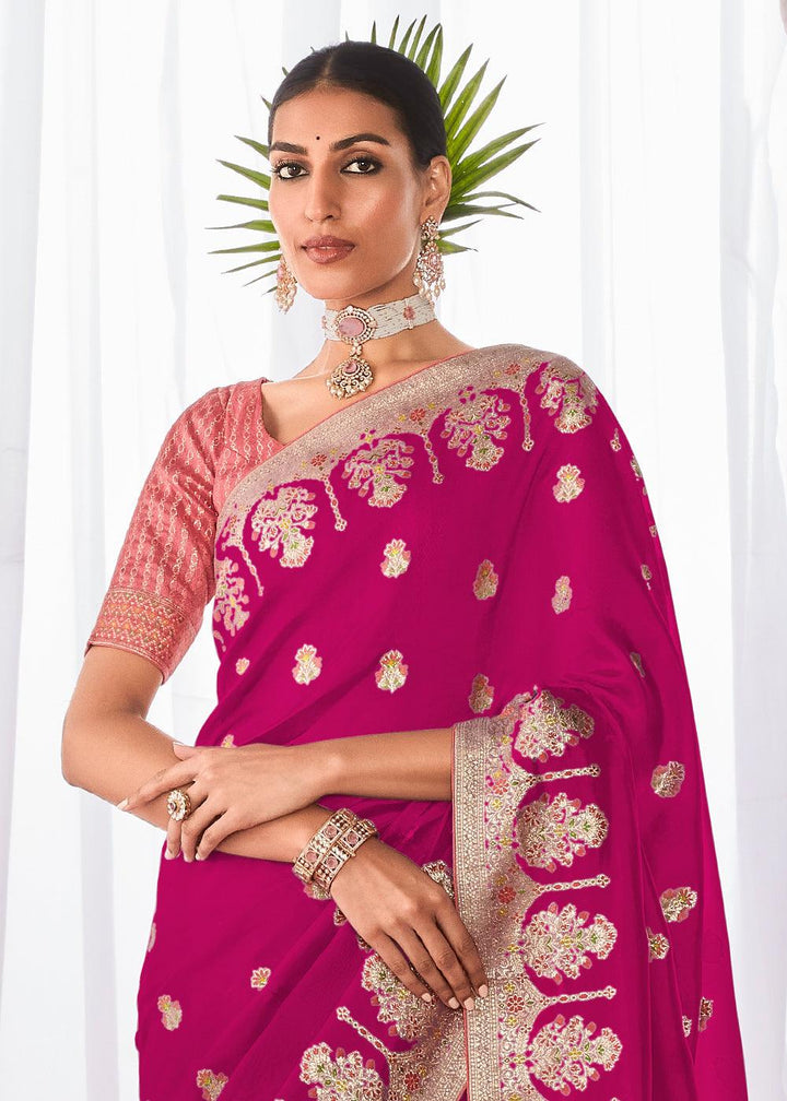 Magenta Pink Kora Silk Saree with Meenakari Pallu & Designer Blouse - qivii