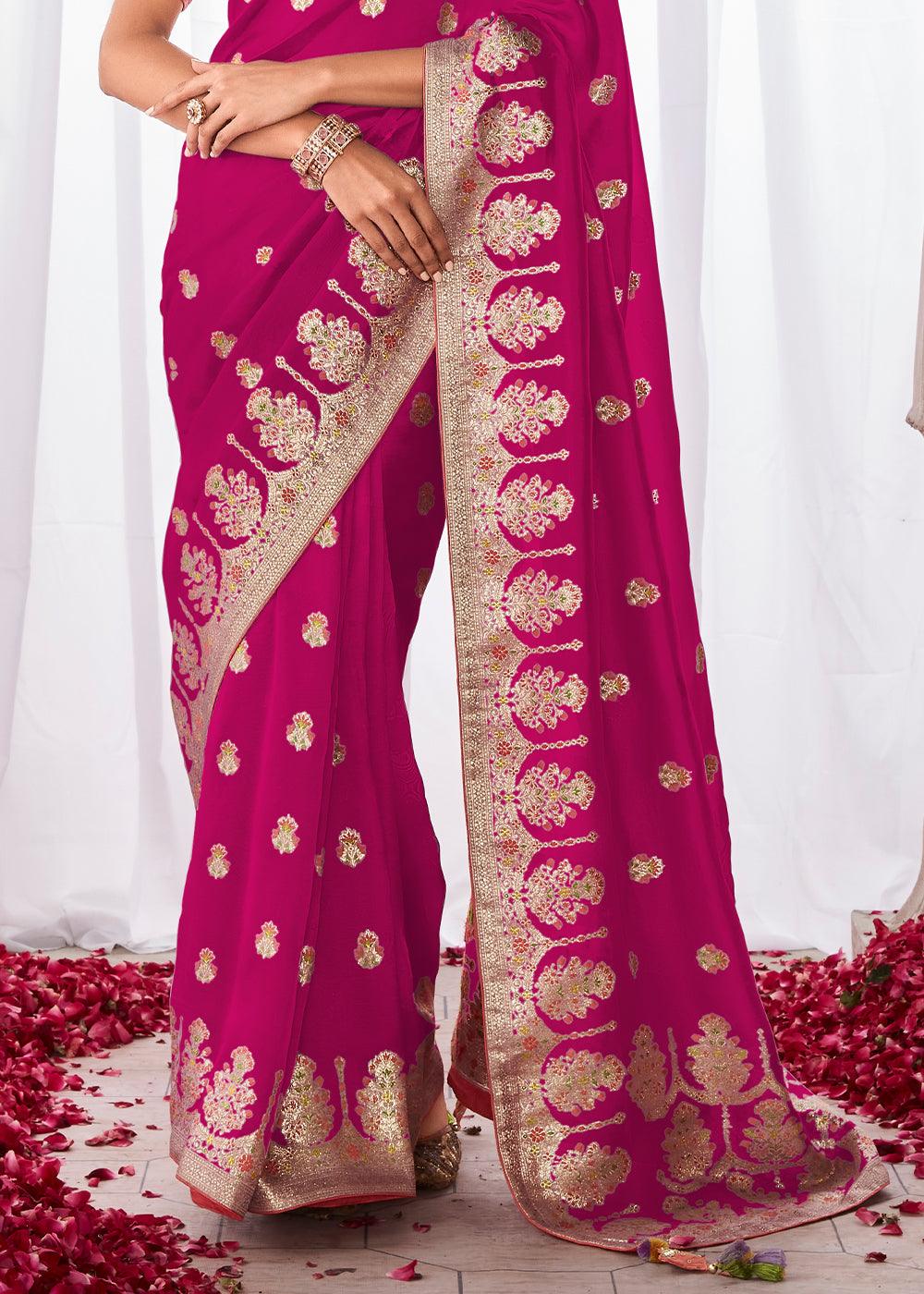 Magenta Pink Kora Silk Saree with Meenakari Pallu & Designer Blouse - qivii