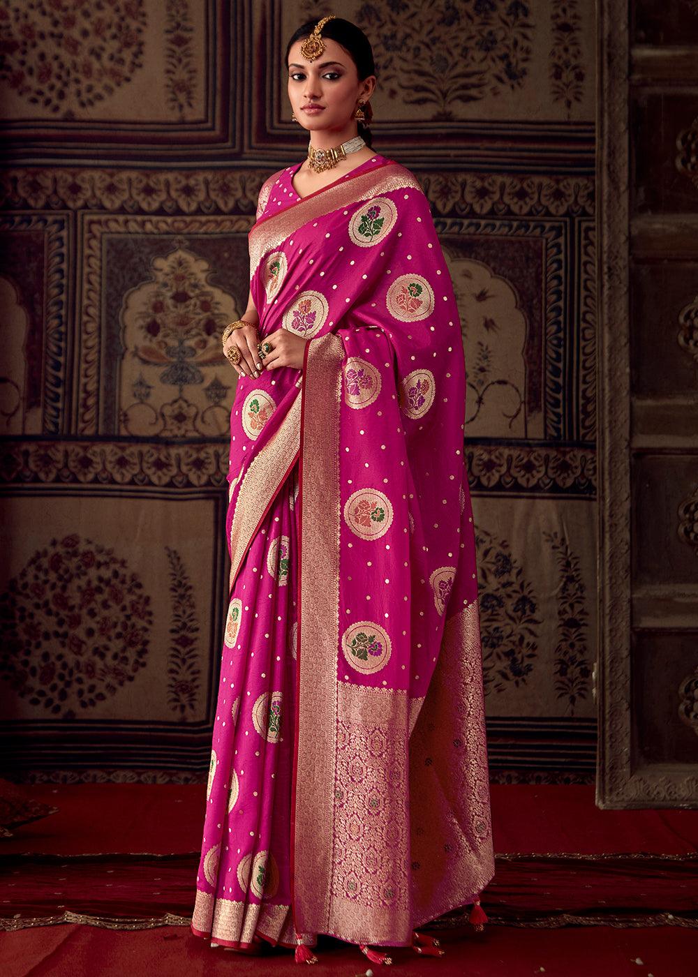 Magenta Pink Meenakari Weaving Dola Silk Saree - qivii