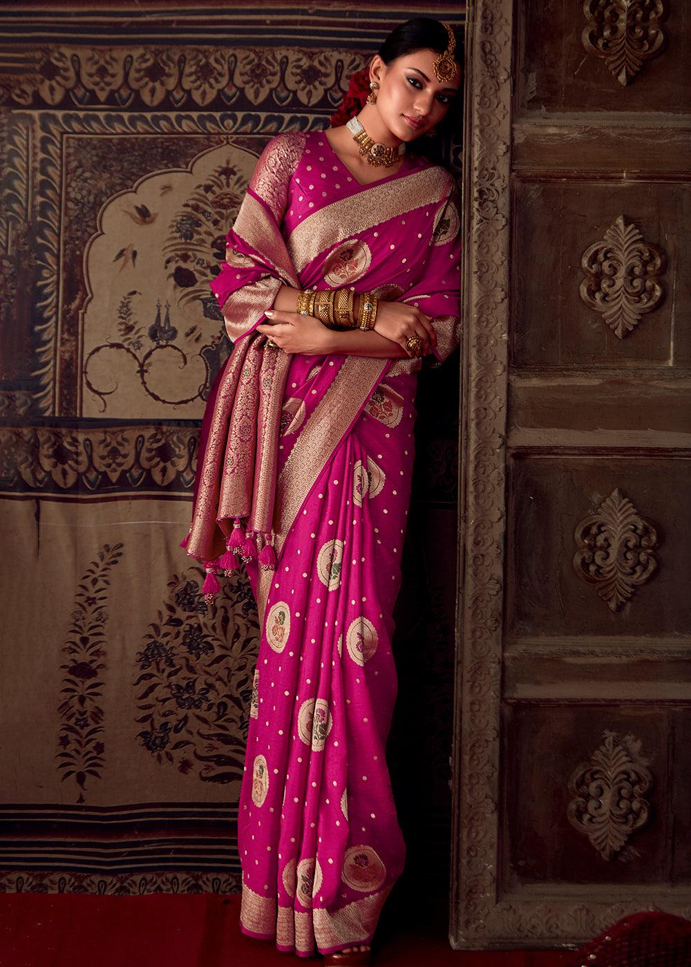 Magenta Pink Meenakari Weaving Dola Silk Saree - qivii