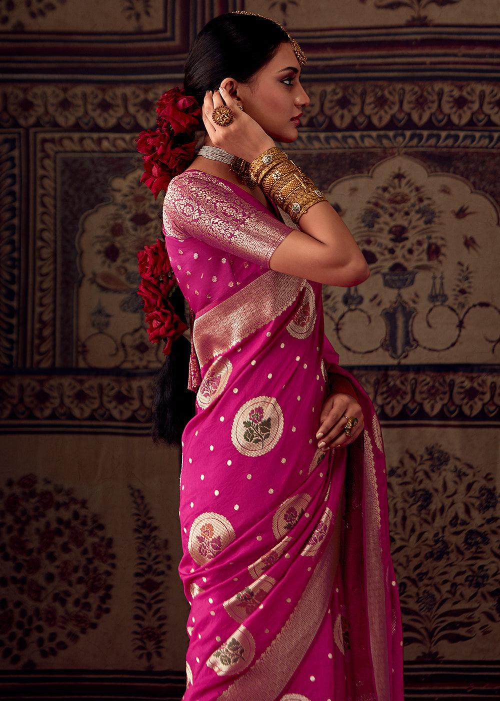 Magenta Pink Meenakari Weaving Dola Silk Saree - qivii